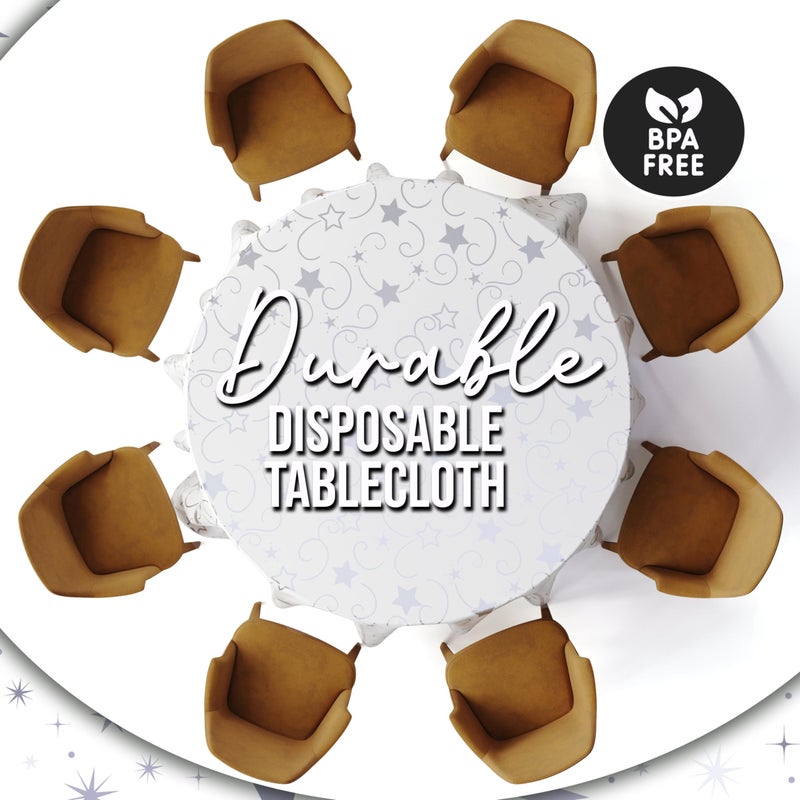 Exquisite Silver Star Tablecloth Plastic 12-Pack Disposable Round Tablecloths 84" Silver Star Table Cloths Round Table Covers Plastic Tablecloth for Party Decorations - Image 2